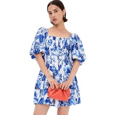 FARM Rio Garden Tiles Mini Dress M Coastal Mediterranean Puff Sleeve Resort NWT