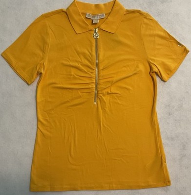 Michael Kors MK Ruched 1/2 Zip Polo T-Shirt Top Citrus Yellow Womens Extra Small