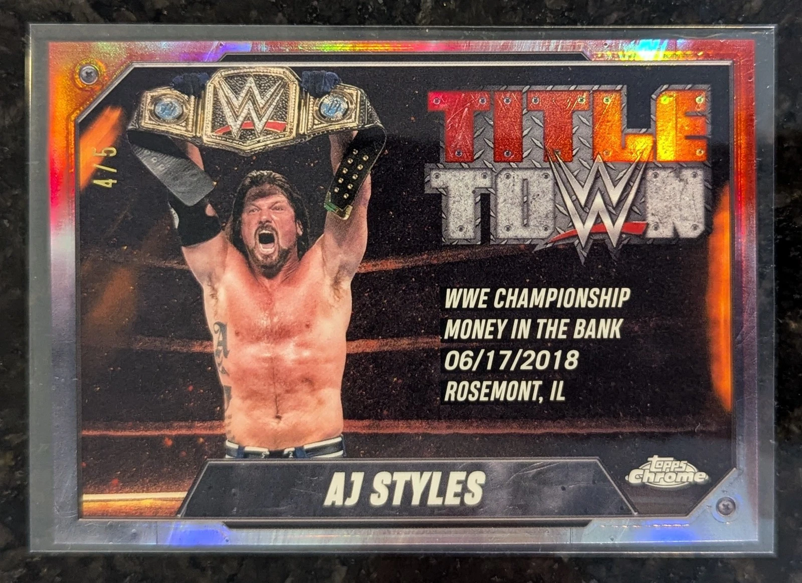 2025 Topps Chrome WWE AJ Styles Title Town Insert Red Refractor /5