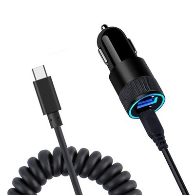 36W Fast Car Charger USB-C Power Adapter Coiled Type-C Cable for Smart Phones
