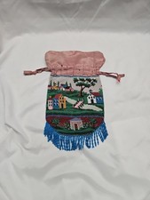 Antique Micro Beaded Silk Countryside Scene Reticule Handbag STUNNING