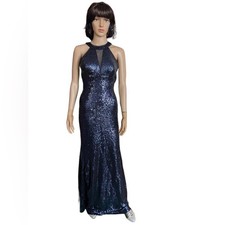 Women’s Sequin Formal Prom Dress Navy Blue Sleeveless Floor Length Self Bra