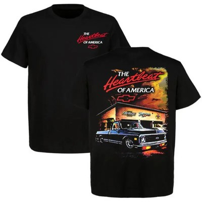 Chevy Heartbeat of America T-Shirt, Classic C10 Pickup Truck Garage Scene Graphi