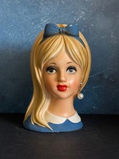 VINTAGE LADY HEAD VASE NAPCO BLONDE TEEN IN BLUE WITH HEAD BAND 5.5”