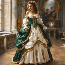 Dark Green Victorian Dress Black Lace Ruffle Bustle Back Bow Cosplay Ball Gown