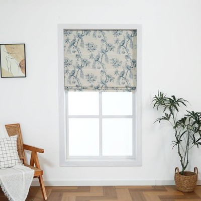 Cordless Roman Shades - Linen Blend Blackout Shade with Elegant Peacock Print