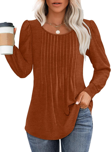 Long Sleeve Shirts for Women Fall Tops Dressy Casual Blouses Pleated Scooped Nec