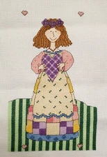 Handmade Finished Cross Stitch - springtime girl with heart, Unframed