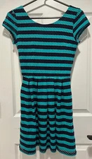 Love...ady size small blue green striped fit and flare dress pleated bottom