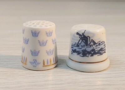 Lot of 2 Vtg Delft Blue Windmill Thimble Rorstrand Sweeden Porcelain Bone China 