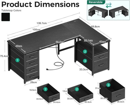 Shaped Computer Desk with 5 Drawers &1 Large File Drawer, Recessed Power Outlet - Picture 3 of 8