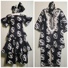 Men Women Matching African Wax Pant Suit And Dress Black and White Free Size