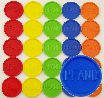 Pfandmarken 27mm mit Gravur - PFAND - 5 verschiedene Farben, Mengen Varianten
