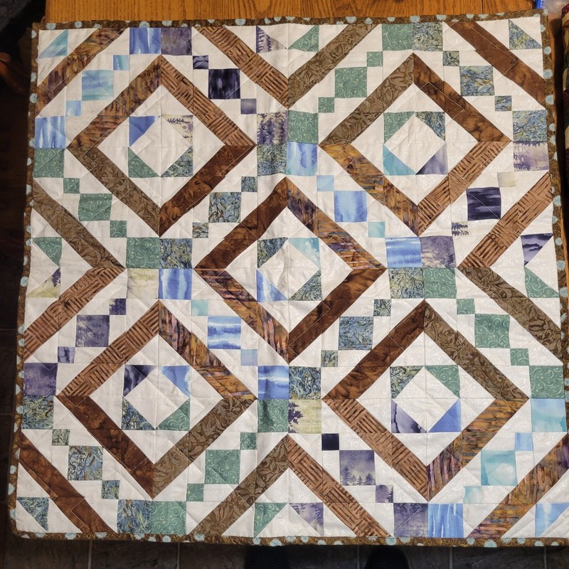 Handmade, Quilted, Table Topper, Blue/White/Brown. 32 in Square.