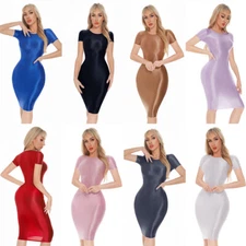 Solid Womens Oil Glossy Pencil Dress Short Sleeve Bodycon Casual Club Slim Dress