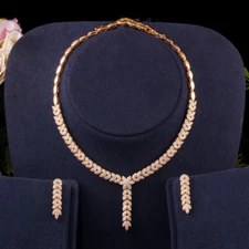Yellow Gold Plated CZ Long Leaf Necklace Earrings Banquet Costume Jewelry Set