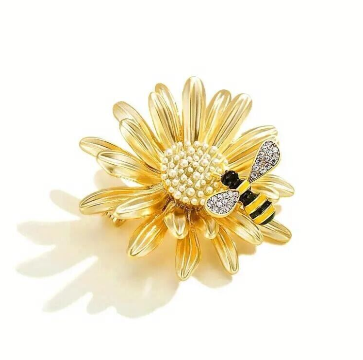Vintage Bee and Sunflower Rhinestone Brooch Pin Intricate Women's Jewelry Gift