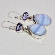 Image of Gemstone Earring Blue Lace Agate Handmade Sterling Silver 925 Jewelry 1.8"