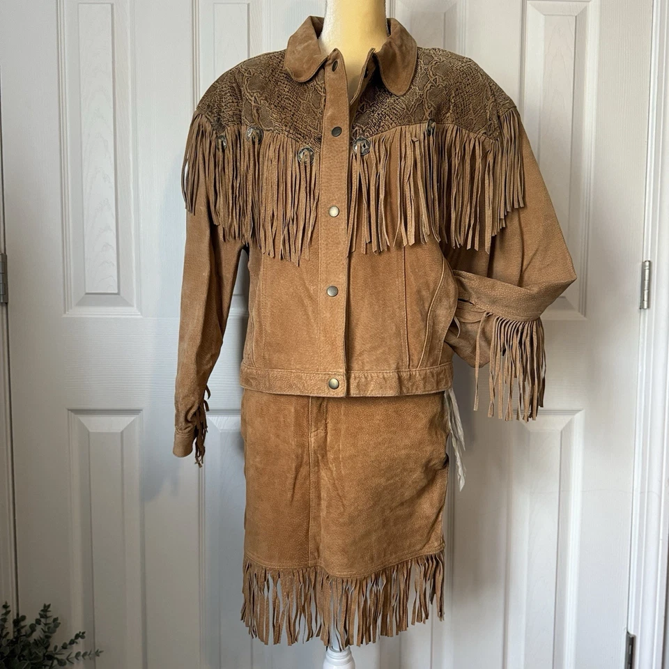"Juego de falda chaqueta de cuero con flecos East West vintage de los años 70 marrón talla M 28""" Foto 2 de 4