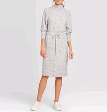 Prologue Long Sleeve Mock Turtleneck Gray Sweater Dress Drawstring Waist Women S