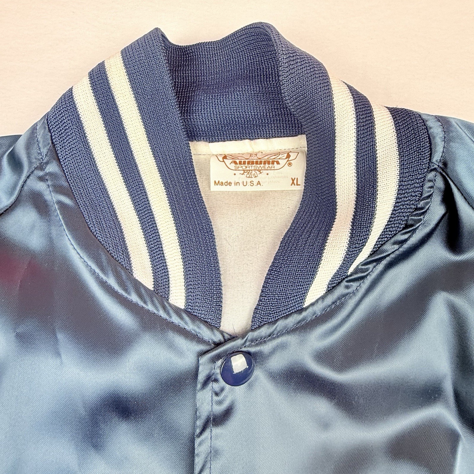 Vintage Auburn Sportswear Satin Jacket Men’s XL Royal Blue Shiny Made USA Snap