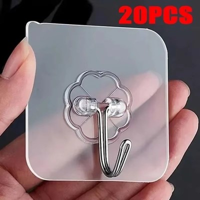 20pcs Adhesive Sticky Hooks Heavy Duty Clear Wall Seamless Hooks Hangers US