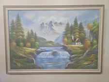 Vtg Orig Mtn Cabin Landscape Oil On Canvas Framed, Signed By Artist. Excellent!
