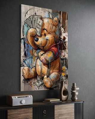 Leinwand Bild Winnie Pooh Wandbild Cartoon Pop Art Bär Abstrakt Geld Scheine