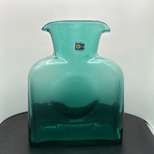RARE Vintage Blenko Glass Classic Double Spout Water Pitcher Green w Sticker MCM