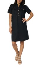 Denim & Co. Women's Linen Blend Print/Solid Henley Dress Black