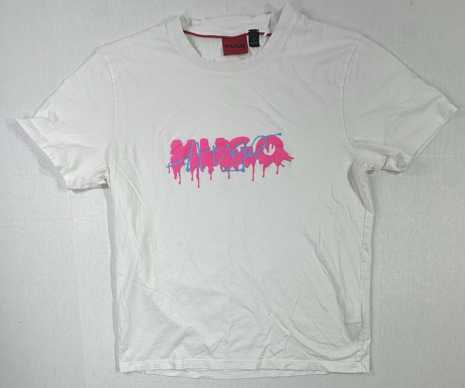 Hugo Boss HUGO Drip Logo T-Shirt White Pink Blue Graphic Tee Men’s Large