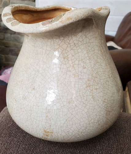 Vintage Crackle Glaze Pitcher Chunky Beige Color Vase Estate Basement Find - Foto 7 di 24