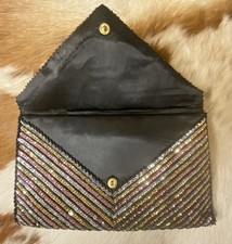 Vintage 80s Metallic Sequin Envelope Clutch Seed Beaded Evening Purse