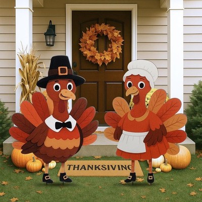 2-Pack Thanksgiving Metal Yard Sign Stakes - Charming Pilgrim Turkey Design