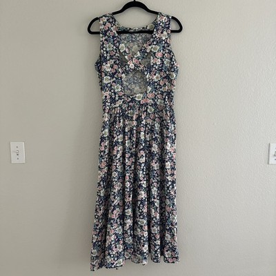 Vintage 80s Dress Large Sundress Floral Print Cotton Fit Flare Cottagecore  | eBay