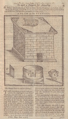 Ein Plan eines Ofens zum Glühen oder Malen auf Glas. Technik 1758 Druck