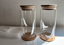 Set of 3 Clear Glass Cylinder Jars with Wooden Lids, 5.5 in Height