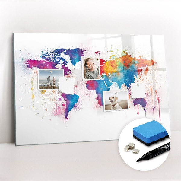 Glas Magnetboard Mit Schwamm Marker Magneten Set BüRo Weltkarte 90X60 Cm-image