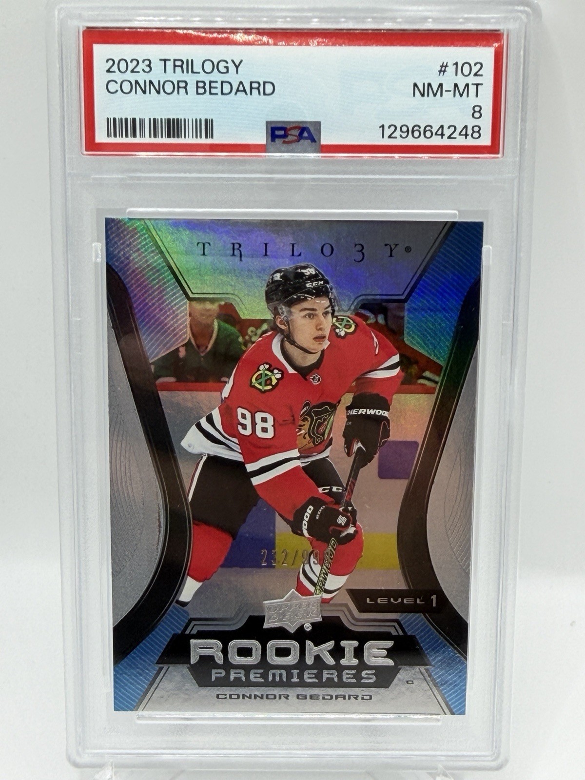 2023-24 Upper Deck Trilogy #102 Connor Bedard Rookie RC /999 PSA 8 NM-MT