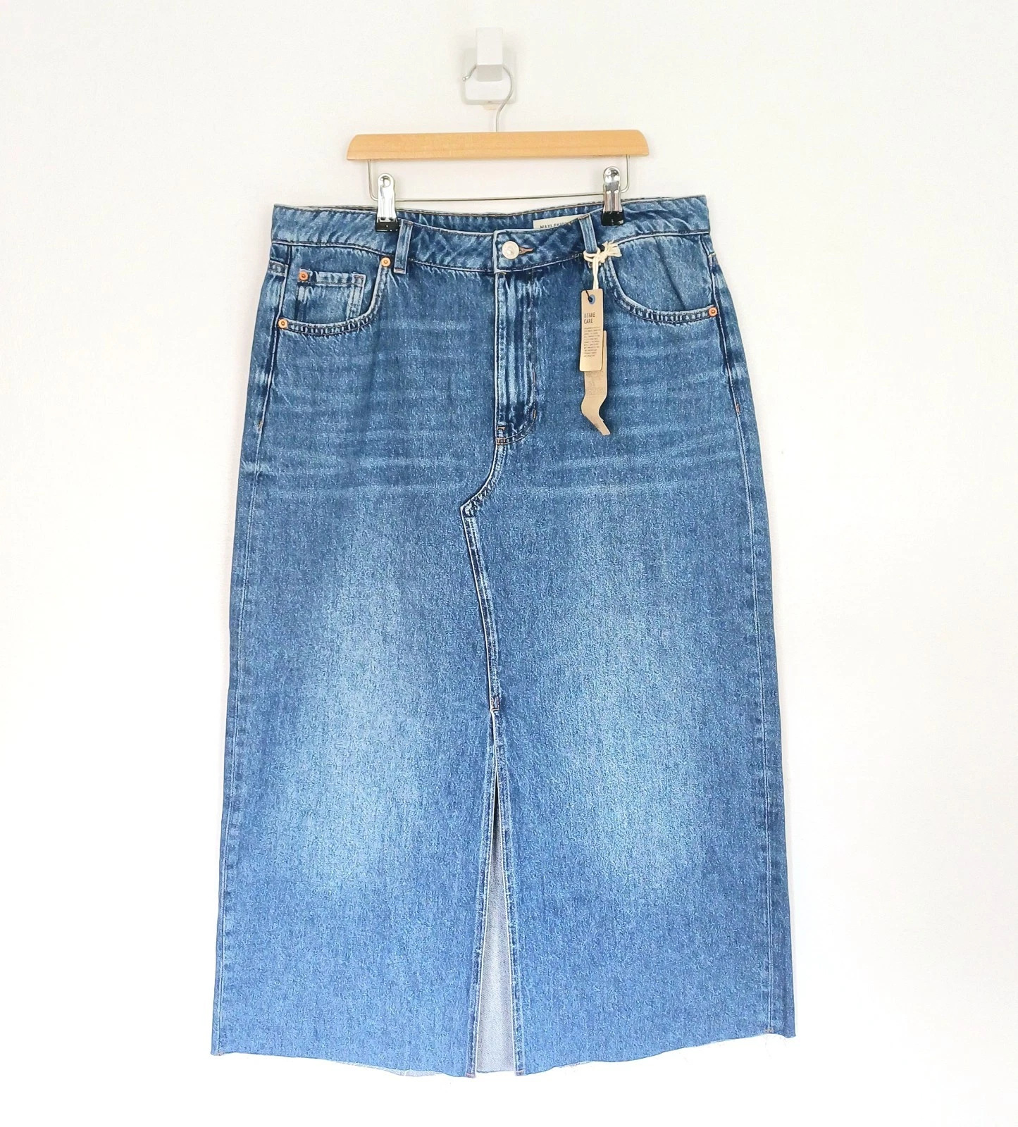 Marks And Spencer Denim Skirt Size 16 Womens Blue Denim Straight Slit Boho