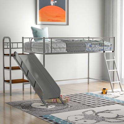 Twin Metal Low Loft Bed with Slide and Storage,