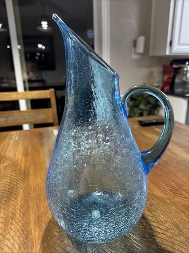 Vintage Blenko Crackle Glass Blue Large Pitcher. #939-P. 13 Inches High