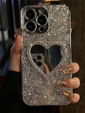 For iPhone 17 16 15 14 13 12 Case Bling Rhinestone Heart Mirror Women Cover