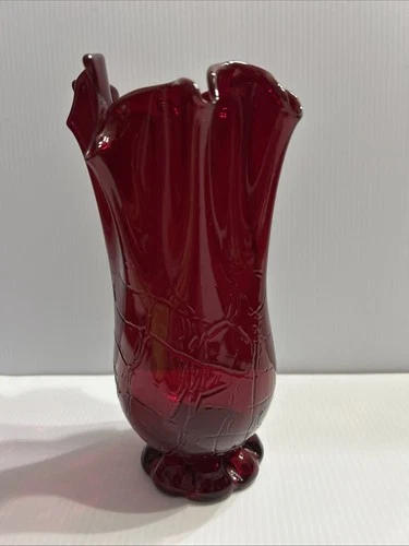 Vtg Fenton Swung Glass Handkerchief Red Vase MCM 7”