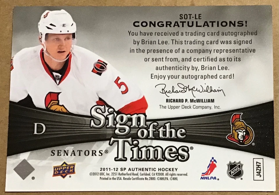 2011-12 BRIAN LEE UD SP AUTHENTIC SIGN OF THE TIMES AUTO #SOT-LE SENATORS - Image 2 of 2