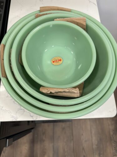 Vintage NOS Anchor Hocking Fire King Jadeite Swirl Nesting ciotola di miscelazione set 2000 - Foto 2 di 11