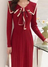 Lady Japanese Knitted Midi Dress V Collar Bowknot Women Casual Sweater Dress