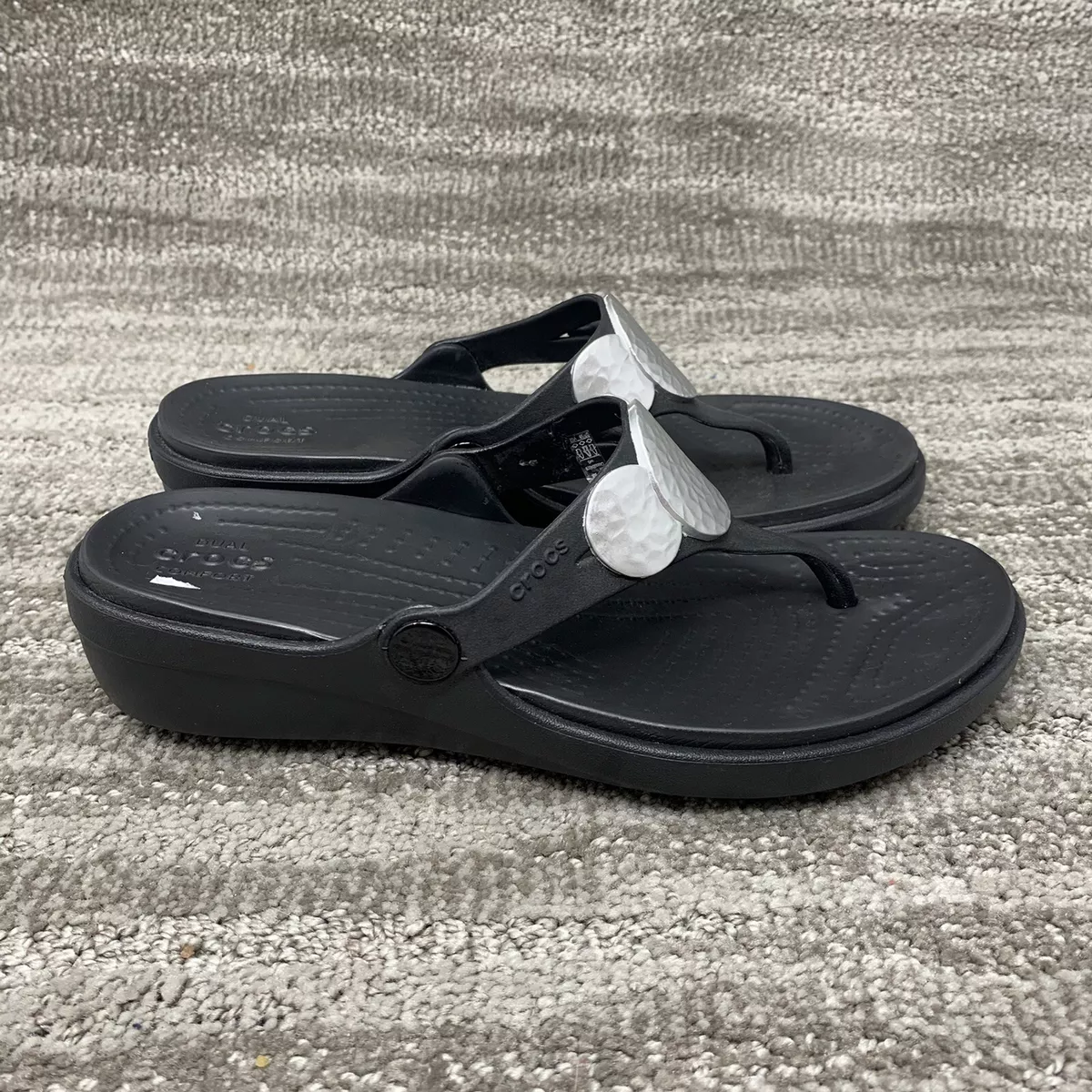 Crocs Womens Sanrah Embellished Wedge Thong Flip Flop Black 204009
