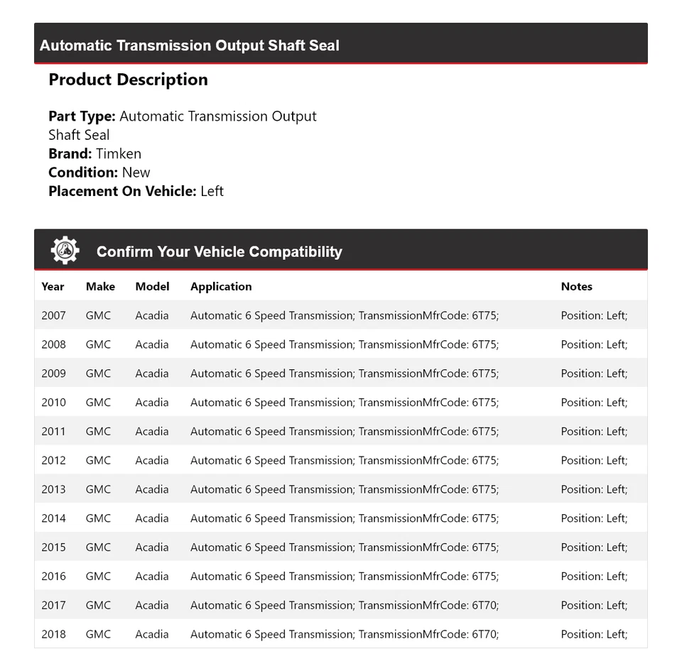 Sello del eje de salida de transmisión automática Timken izquierdo para GMC Acadia 2007-2018 Foto 2 de 4