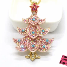 Fashion Pink Star Bling Christmas Tree Crystal Pendant Chain Women Necklace